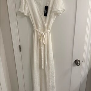 White Lulus Wrap Dress with Floral Embroidery